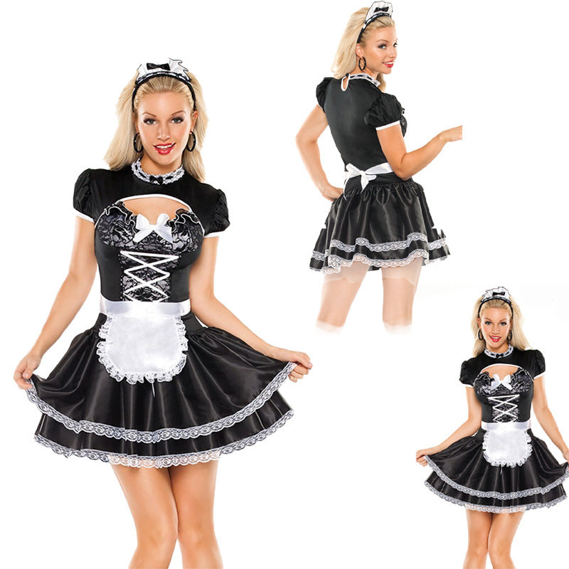 Women’s Sexy Black & White French Maid Costume – Lace-Up Mini Dress