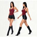 Women’s Sexy Red Zebra Lingerie Set – Backless Halter Top & PU Shorts