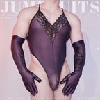 Men’s Sheer Lace Open-Crotch Bodysuit with Built-In Gloves