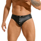 Men’s Faux Leather Thong with Wide Elastic Waistband & Snap Closure