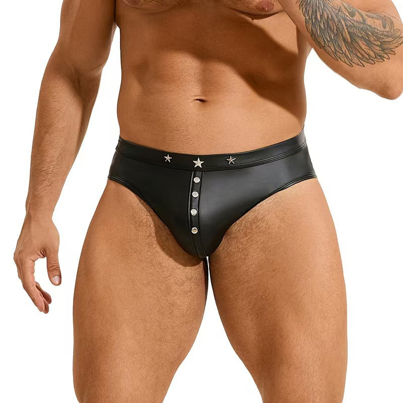 Men’s Faux Leather Thong with Wide Elastic Waistband & Snap Closure