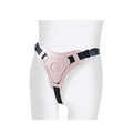 Pink adjustable strap-on harness only, front view with black buckle straps