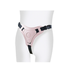 Pink adjustable strap-on harness only, front view with black buckle straps