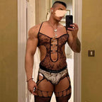 Men’s Halter-Neck Fishnet Bodysuit with Sheer Cutout Design
