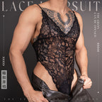 Men’s Sheer Floral Lace Cutout Briefs with Pouch & Thigh Straps