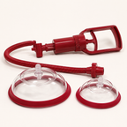 Red vulva pump set with two clear cups, hose, and pull-rod pump