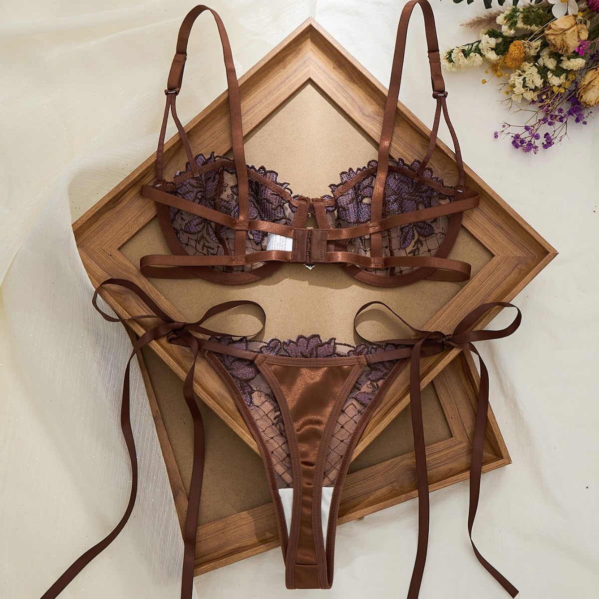 Women’s Strappy Floral Lace Lingerie Set with Cutout Bra, Garter Belt & Thong