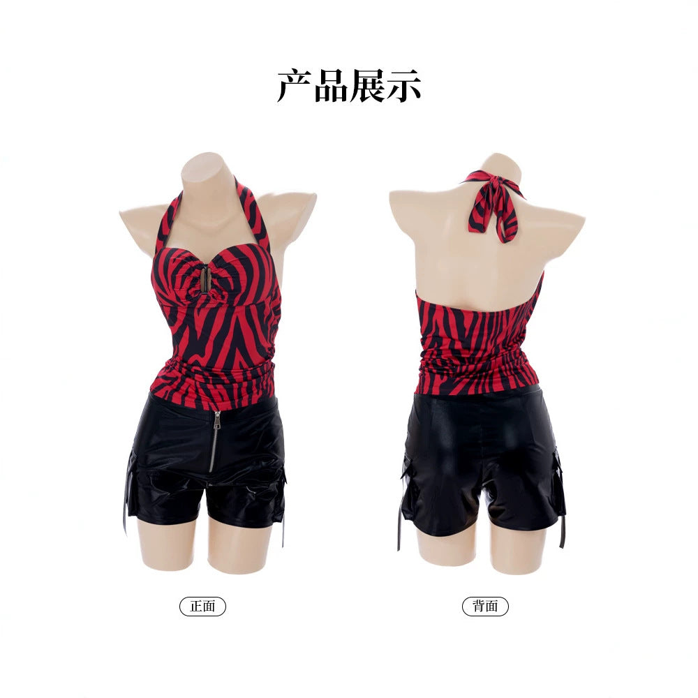 Women’s Sexy Red Zebra Lingerie Set – Backless Halter Top & PU Shorts
