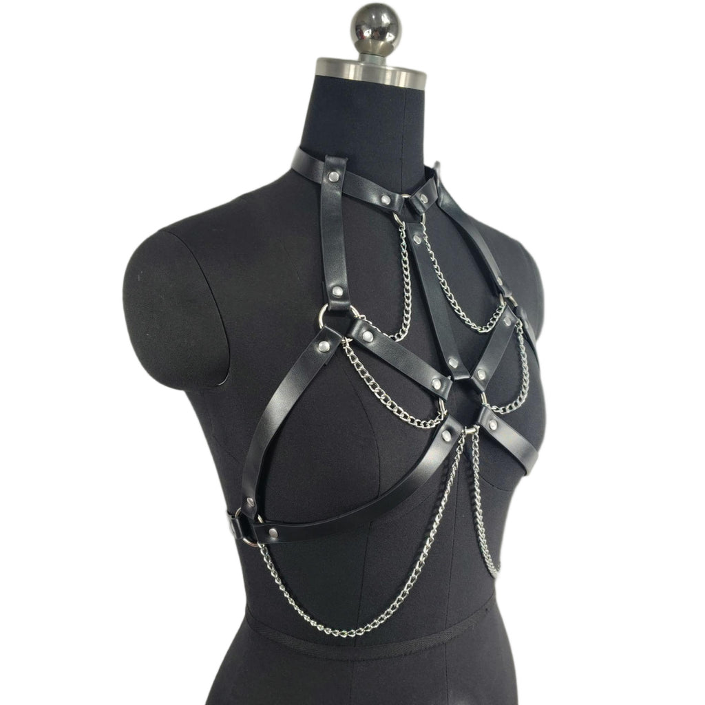 Black PU Leather Chain Harness Corset – Couples’ Roleplay Lingerie