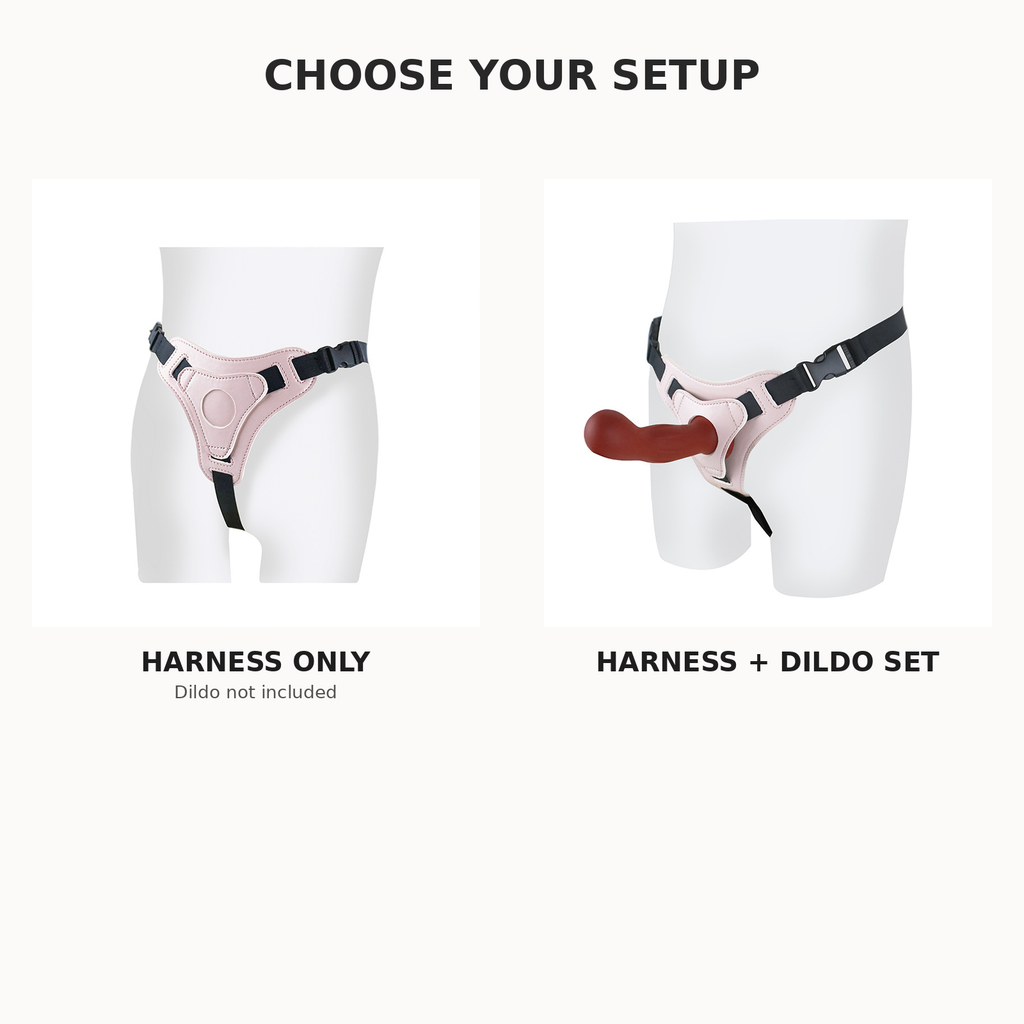 Harness only versus harness and dildo set comparison, pink adjustable strap-on