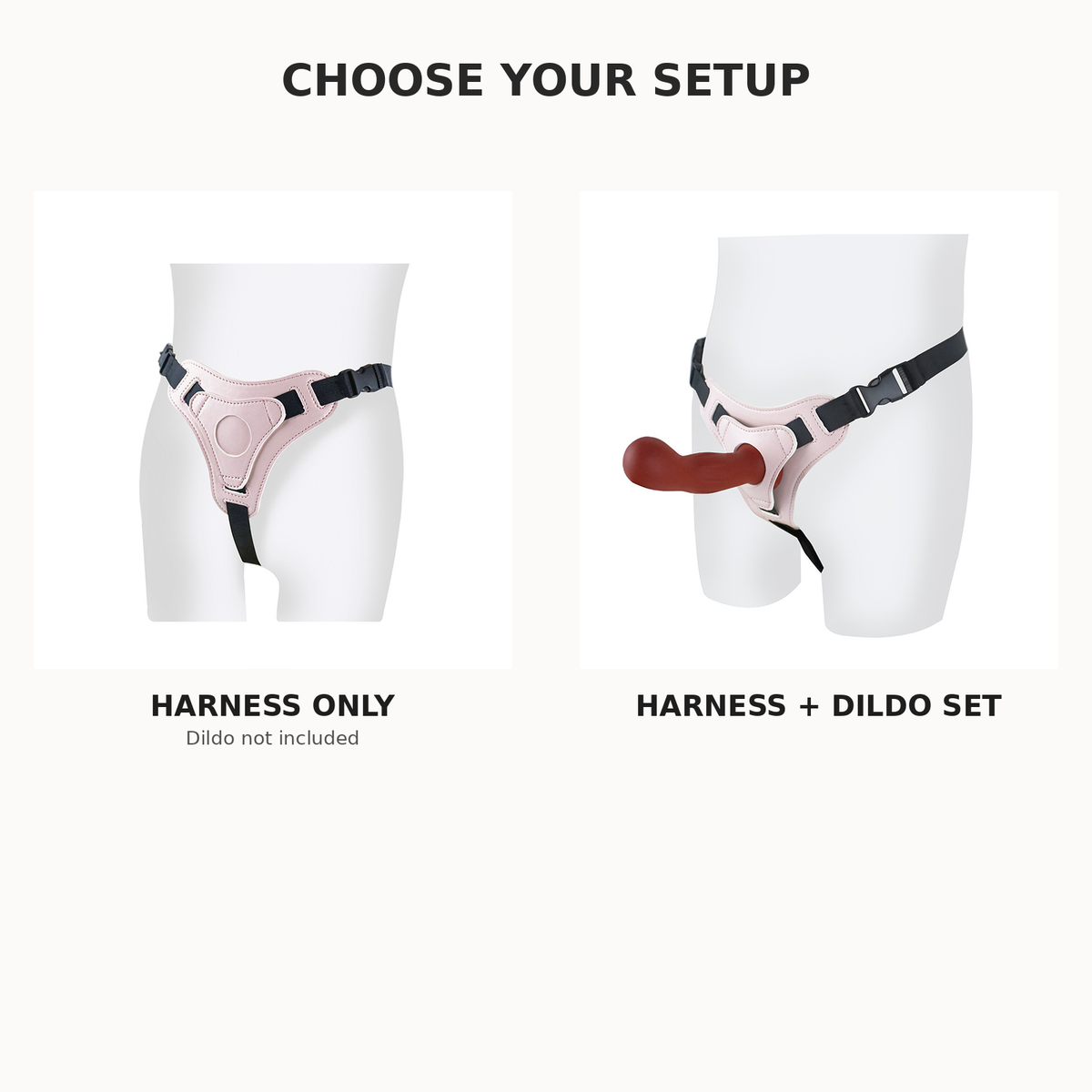 Harness only versus harness and dildo set comparison, pink adjustable strap-on