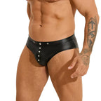 Men’s Faux Leather Thong with Wide Elastic Waistband & Snap Closure