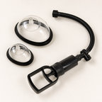 Black vulva pump set with two clear cups, hose, and pull-rod pump