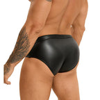 Men’s Faux Leather Thong with Wide Elastic Waistband & Snap Closure