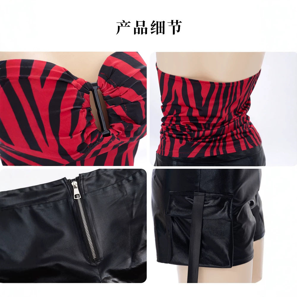 Women’s Sexy Red Zebra Lingerie Set – Backless Halter Top & PU Shorts