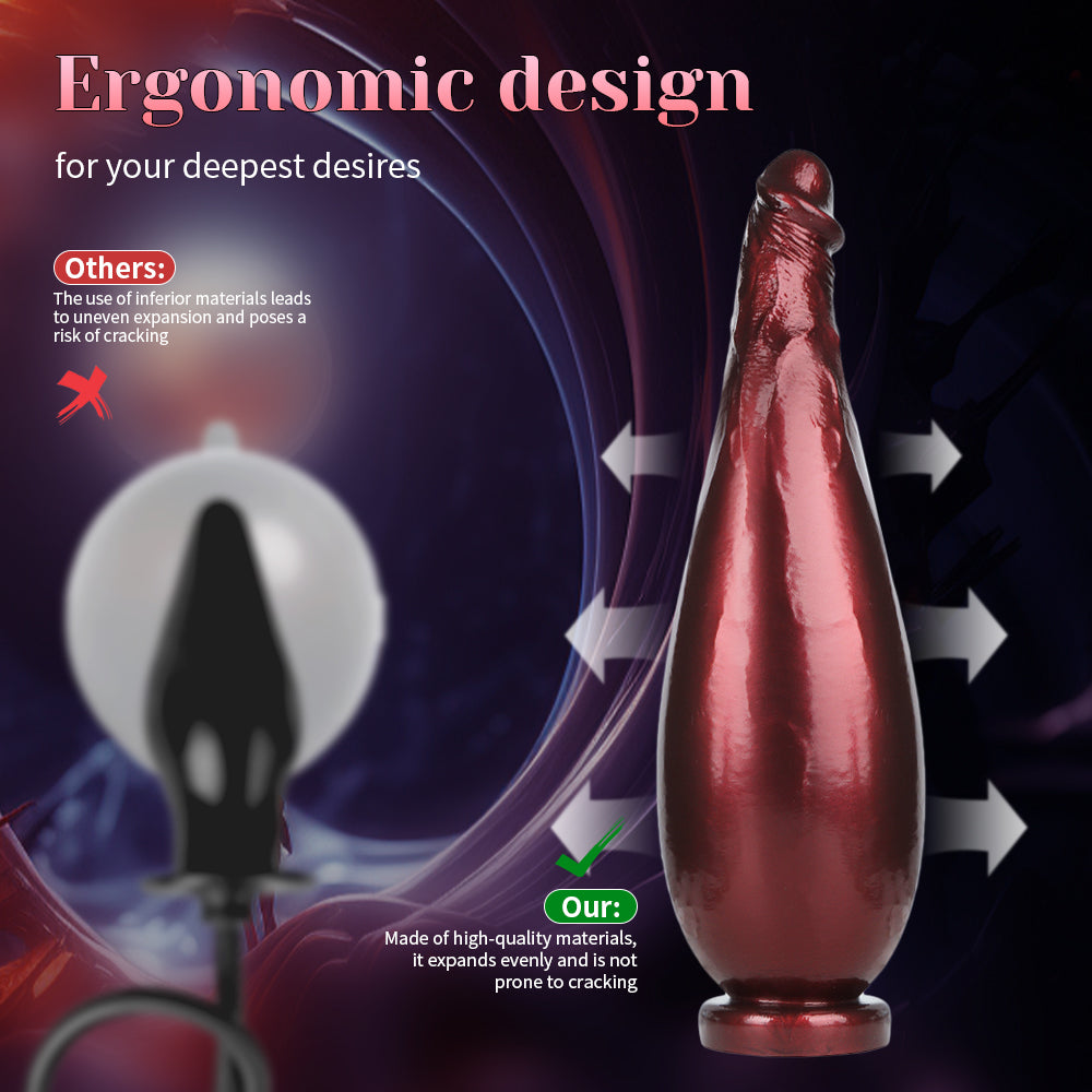 Burgundy inflatable silicone product showing the elongated exterior profile