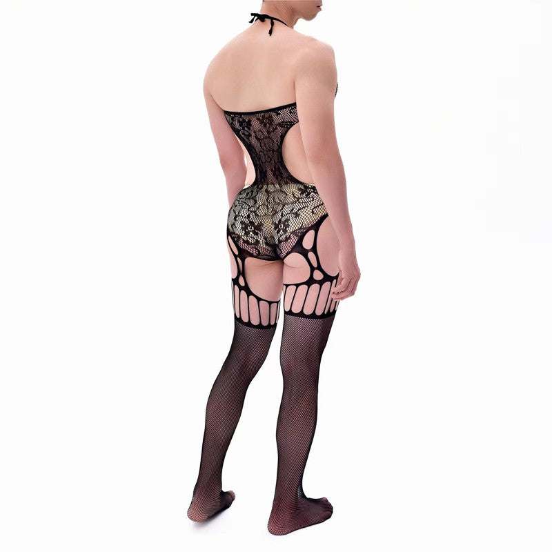 Men’s Halter-Neck Fishnet Bodysuit with Sheer Cutout Design