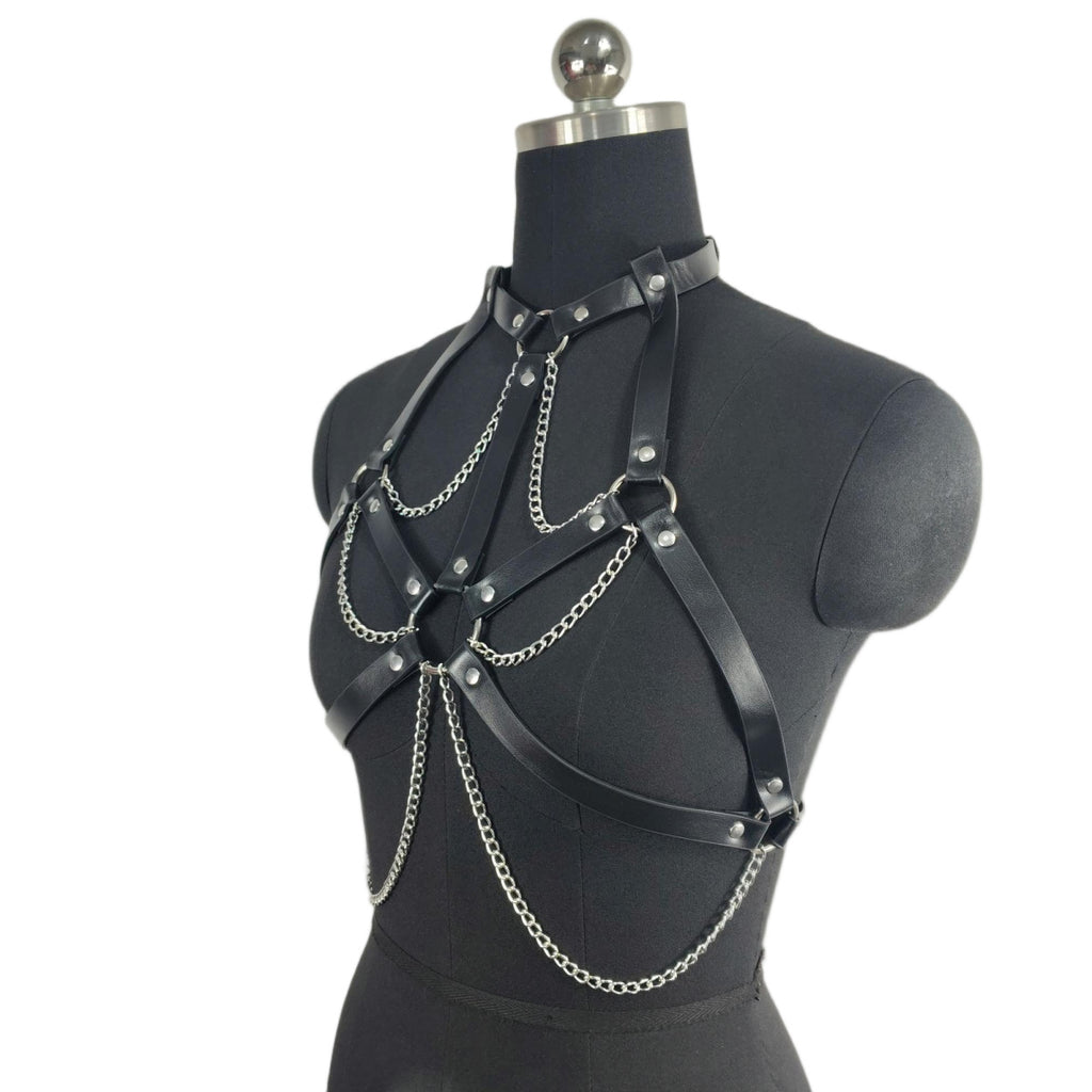 Black PU Leather Chain Harness Corset – Couples’ Roleplay Lingerie