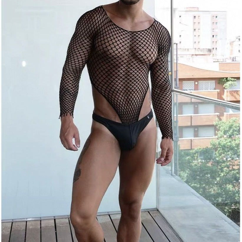 Men’s Sheer Cutout Mesh Bodysuit – Form-Fitting Clubwear Lingerie