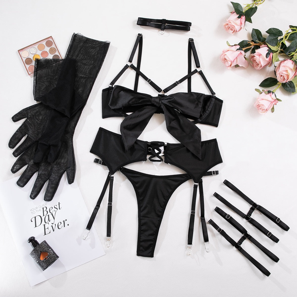Women’s Open-Cup Lingerie Set with Bow, Thigh Straps & Gloves