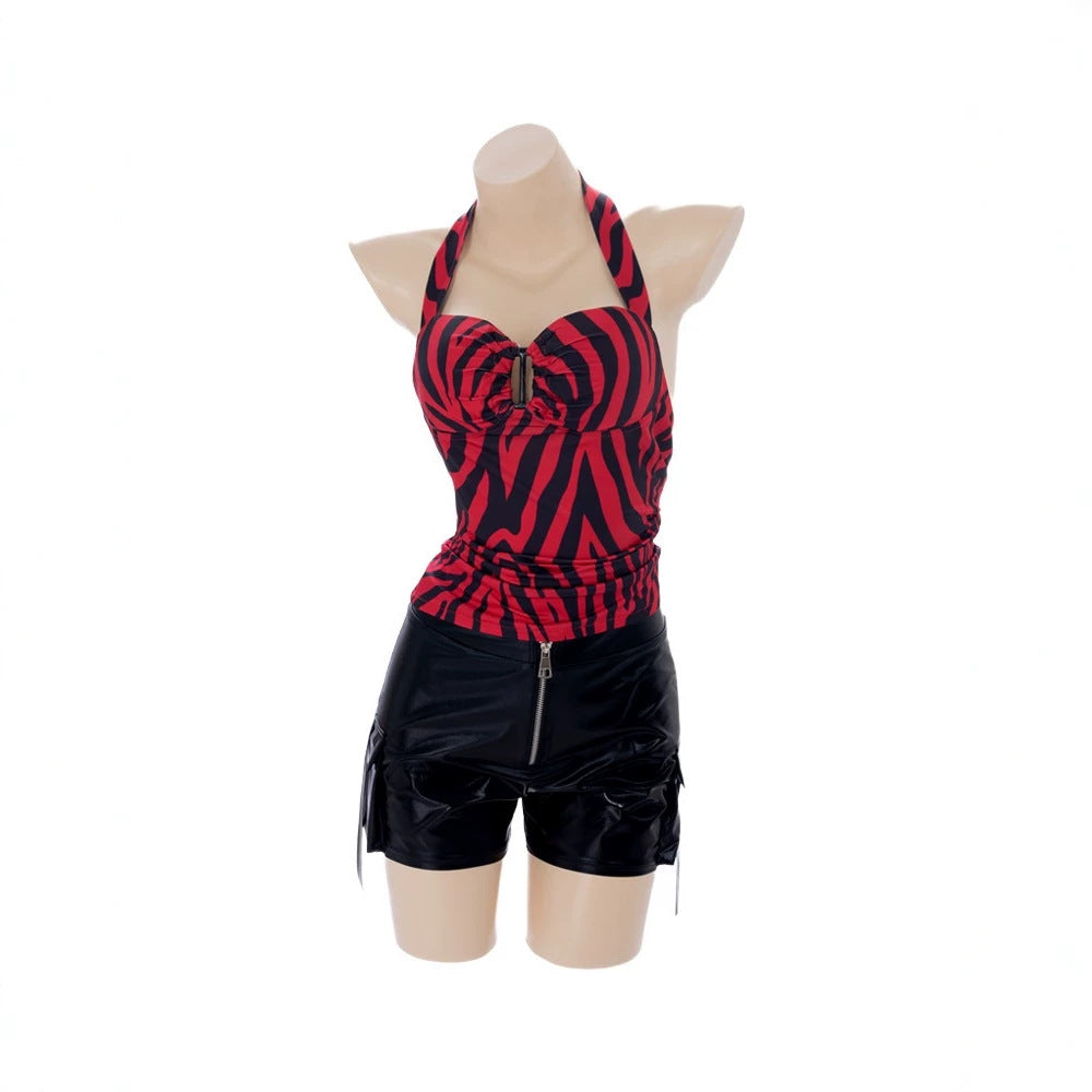 Women’s Sexy Red Zebra Lingerie Set – Backless Halter Top & PU Shorts