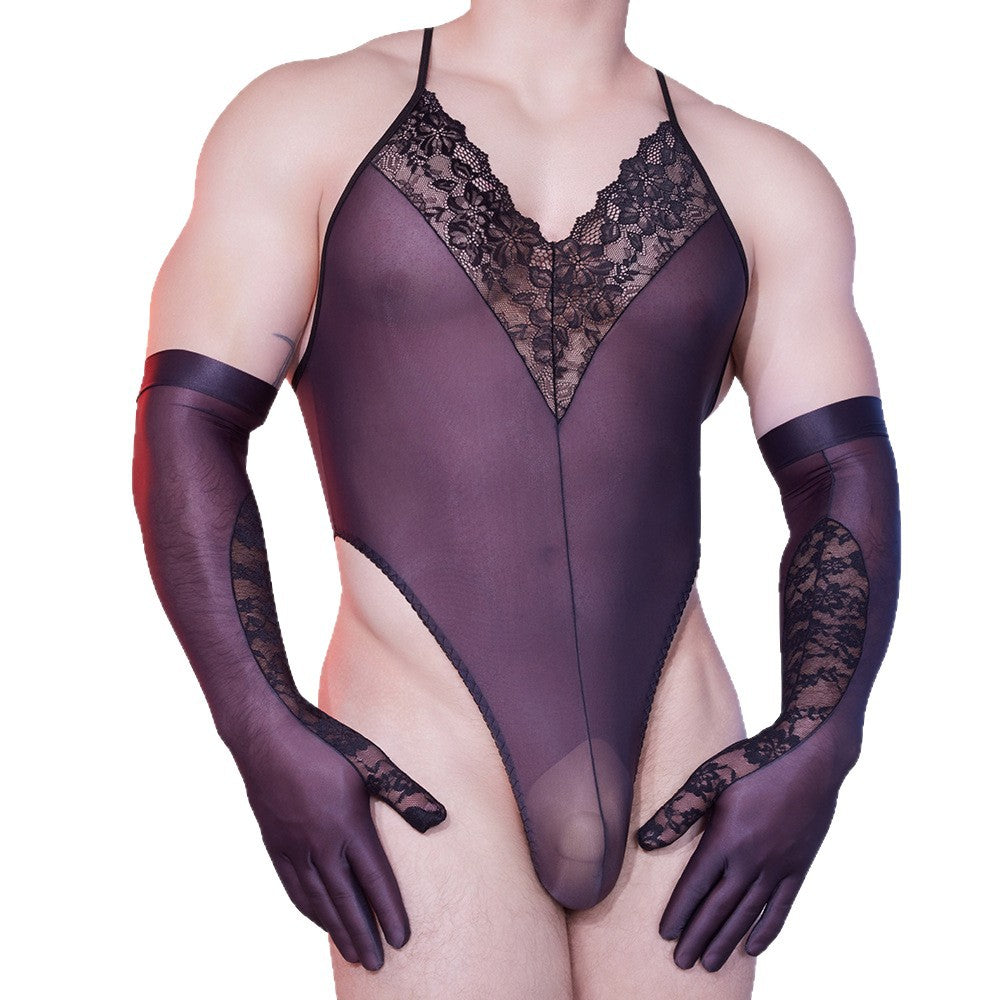 Men’s Sheer Lace Open-Crotch Bodysuit with Built-In Gloves