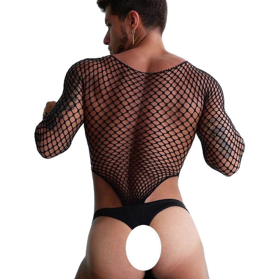 Men’s Sheer Cutout Mesh Bodysuit – Form-Fitting Clubwear Lingerie