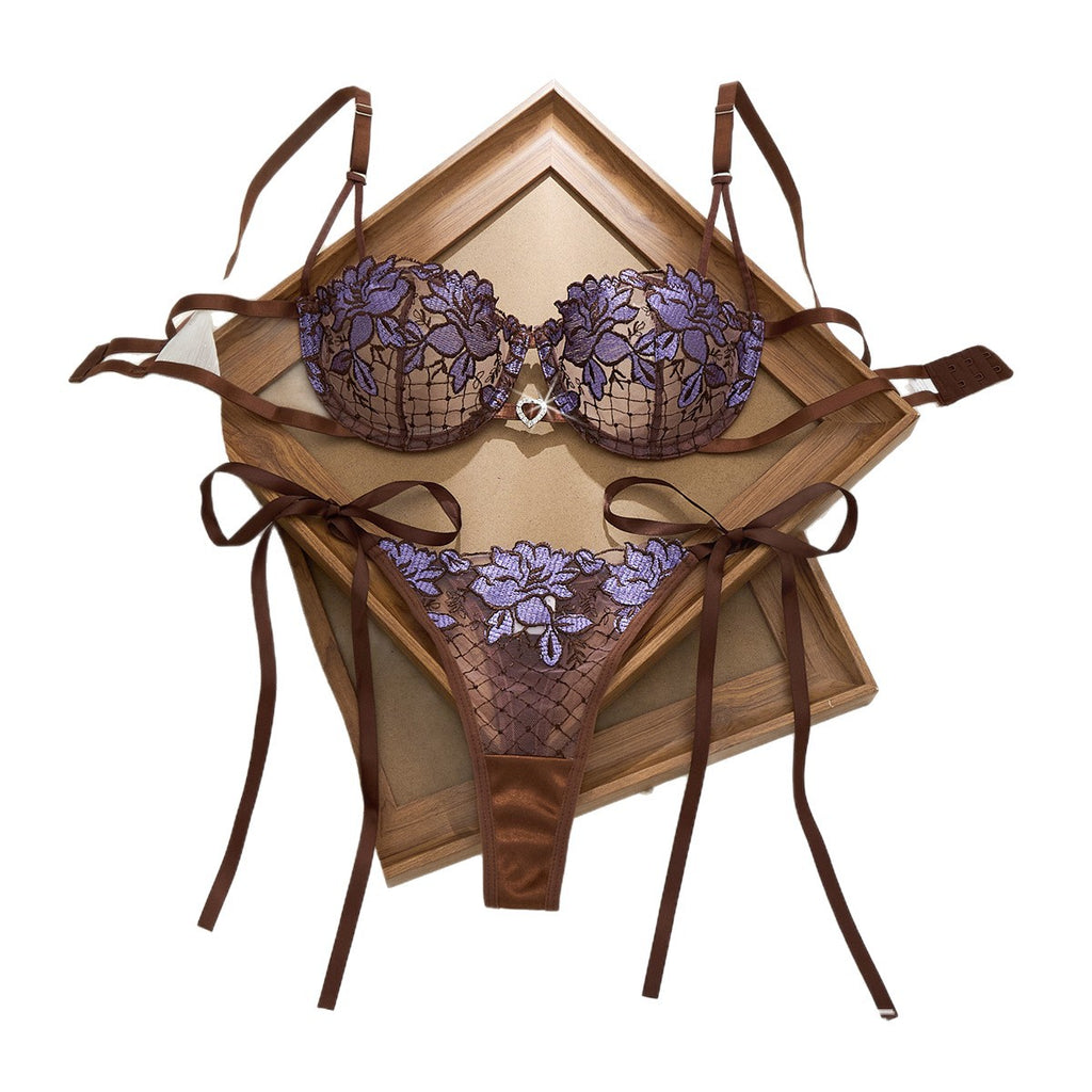 Women’s Strappy Floral Lace Lingerie Set with Cutout Bra, Garter Belt & Thong