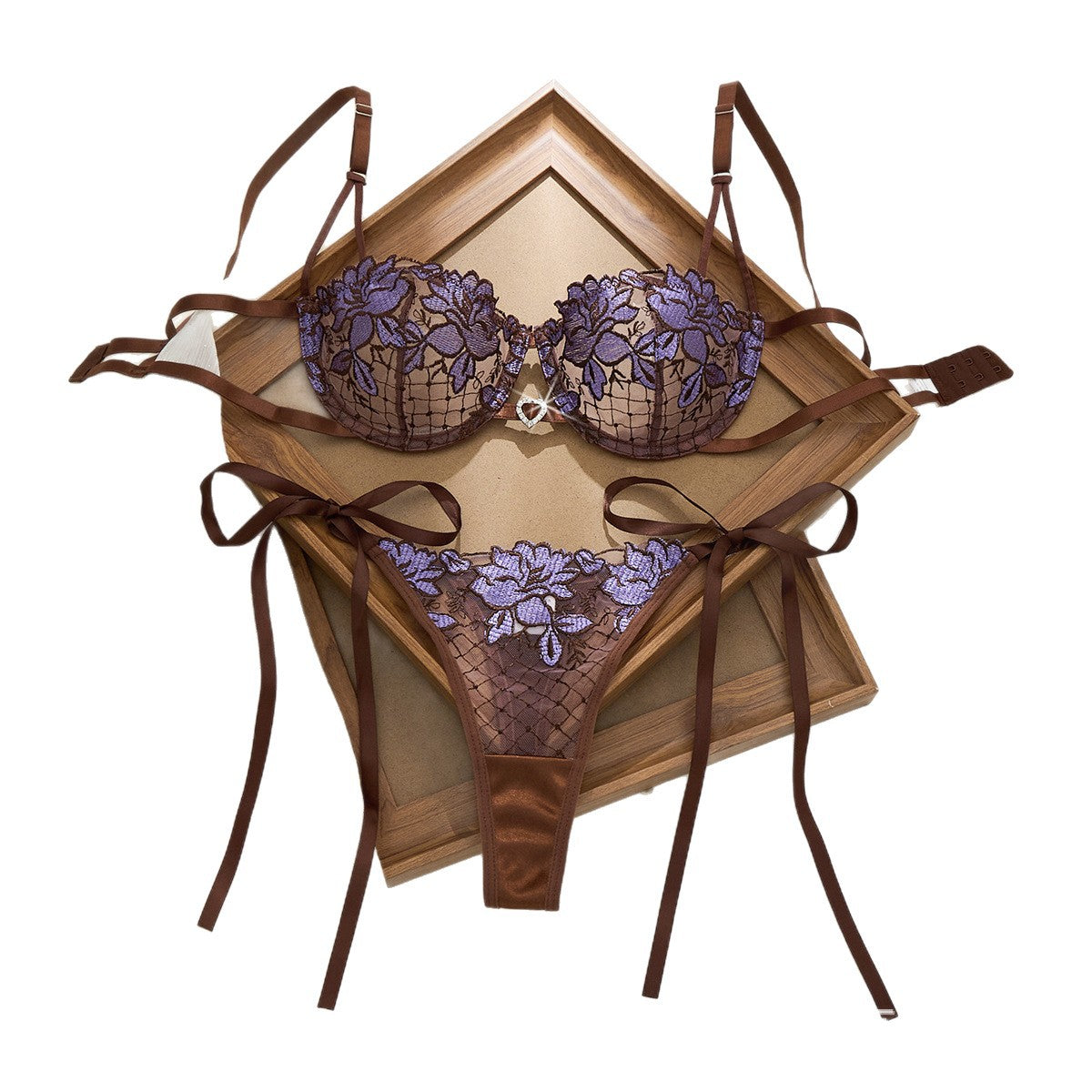Women’s Strappy Floral Lace Lingerie Set with Cutout Bra, Garter Belt & Thong
