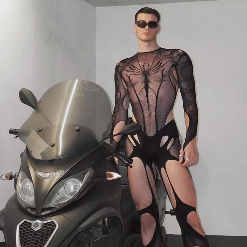 Men's Sexy Open-Crotch Fishnet Bodysuit