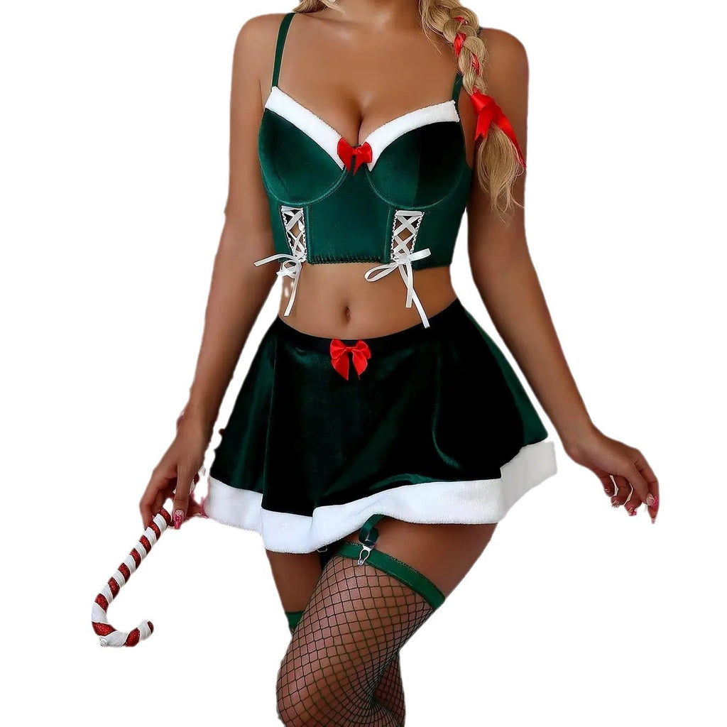 Women’s Sexy Christmas Two-Piece Lingerie Set with Fishnet Stockings