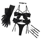 Women’s Open-Cup Lingerie Set with Bow, Thigh Straps & Gloves