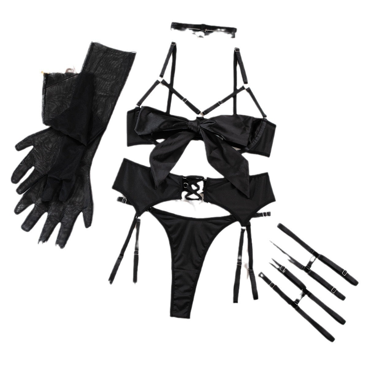 Women’s Open-Cup Lingerie Set with Bow, Thigh Straps & Gloves