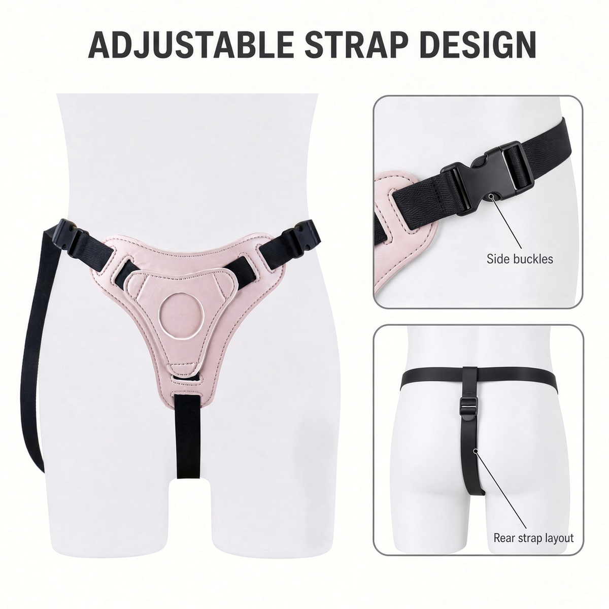 Harness detail of side buckles and rear center support strap
