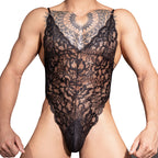 Men’s Sheer Floral Lace Cutout Briefs with Pouch & Thigh Straps
