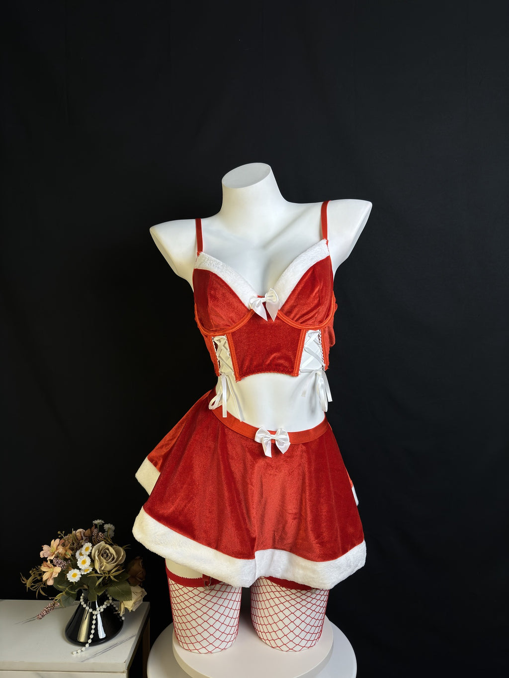 Women’s Sexy Christmas Two-Piece Lingerie Set with Fishnet Stockings