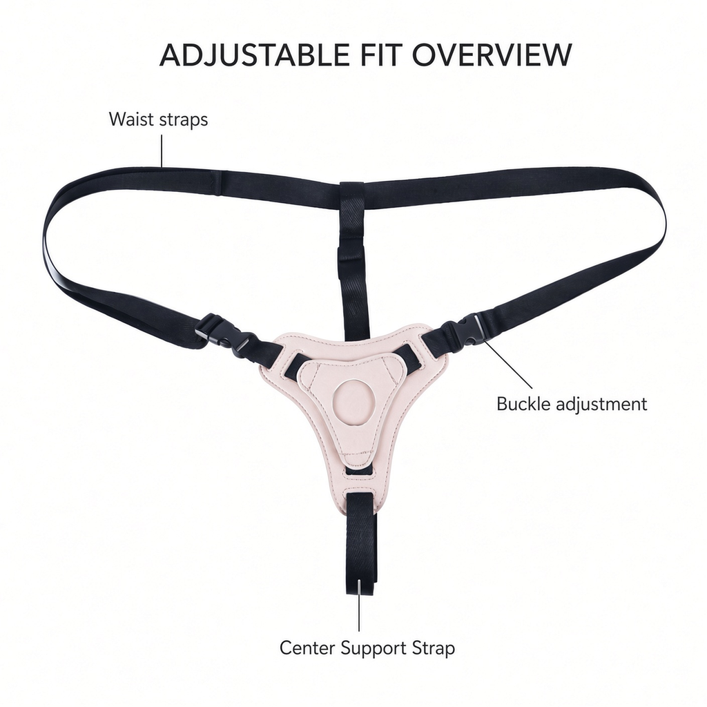 Adjustable fit illustration showing waist straps, center strap and buckle placement