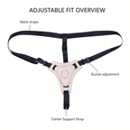 Adjustable fit illustration showing waist straps, center strap and buckle placement