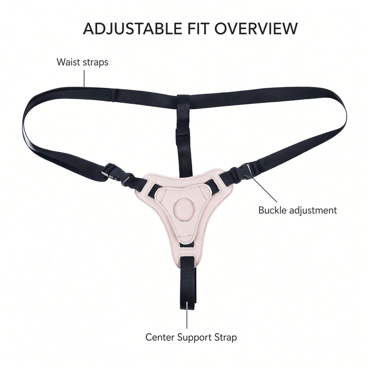 Adjustable fit illustration showing waist straps, center strap and buckle placement
