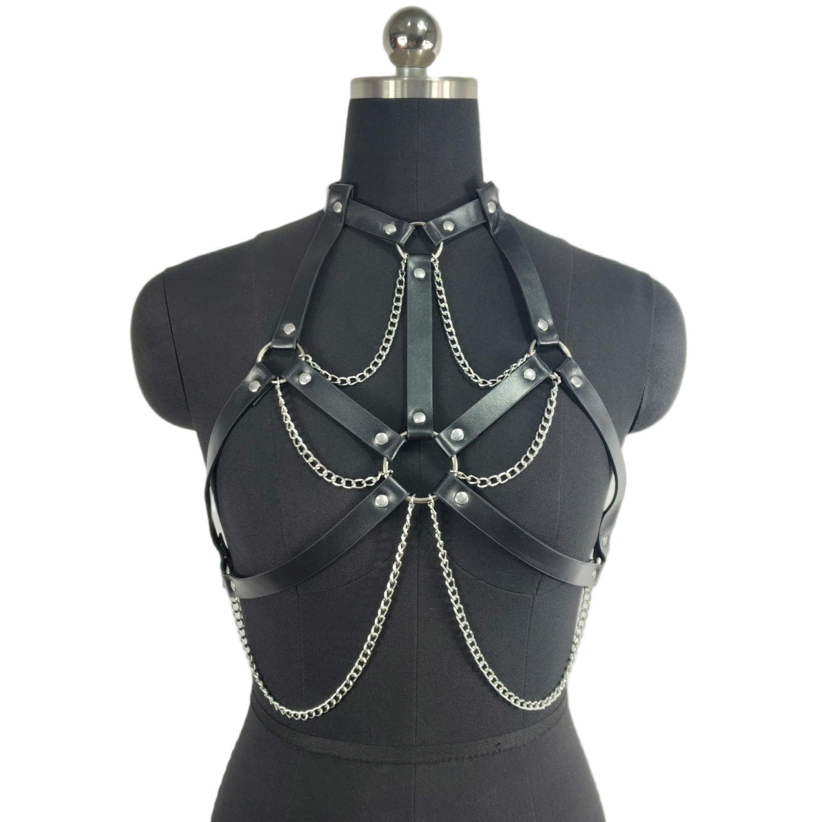Black PU Leather Chain Harness Corset – Couples’ Roleplay Lingerie