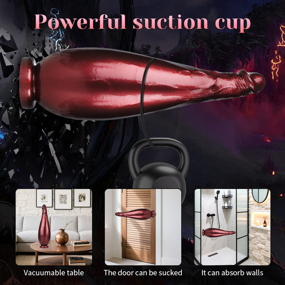 Burgundy inflatable silicone product with suction-style base in product illustrations