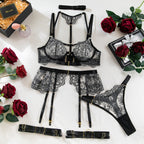 Women’s Embroidered 4-Piece Cutout Lingerie Set with Front-Clasp Bra