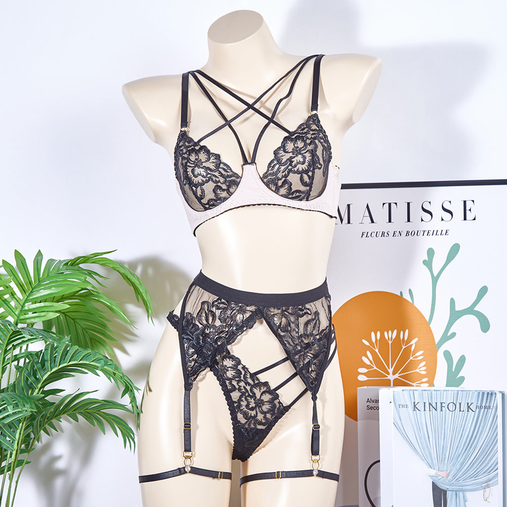 Women’s 3-Piece Lace Lingerie Set with Underwire Push-Up Bra