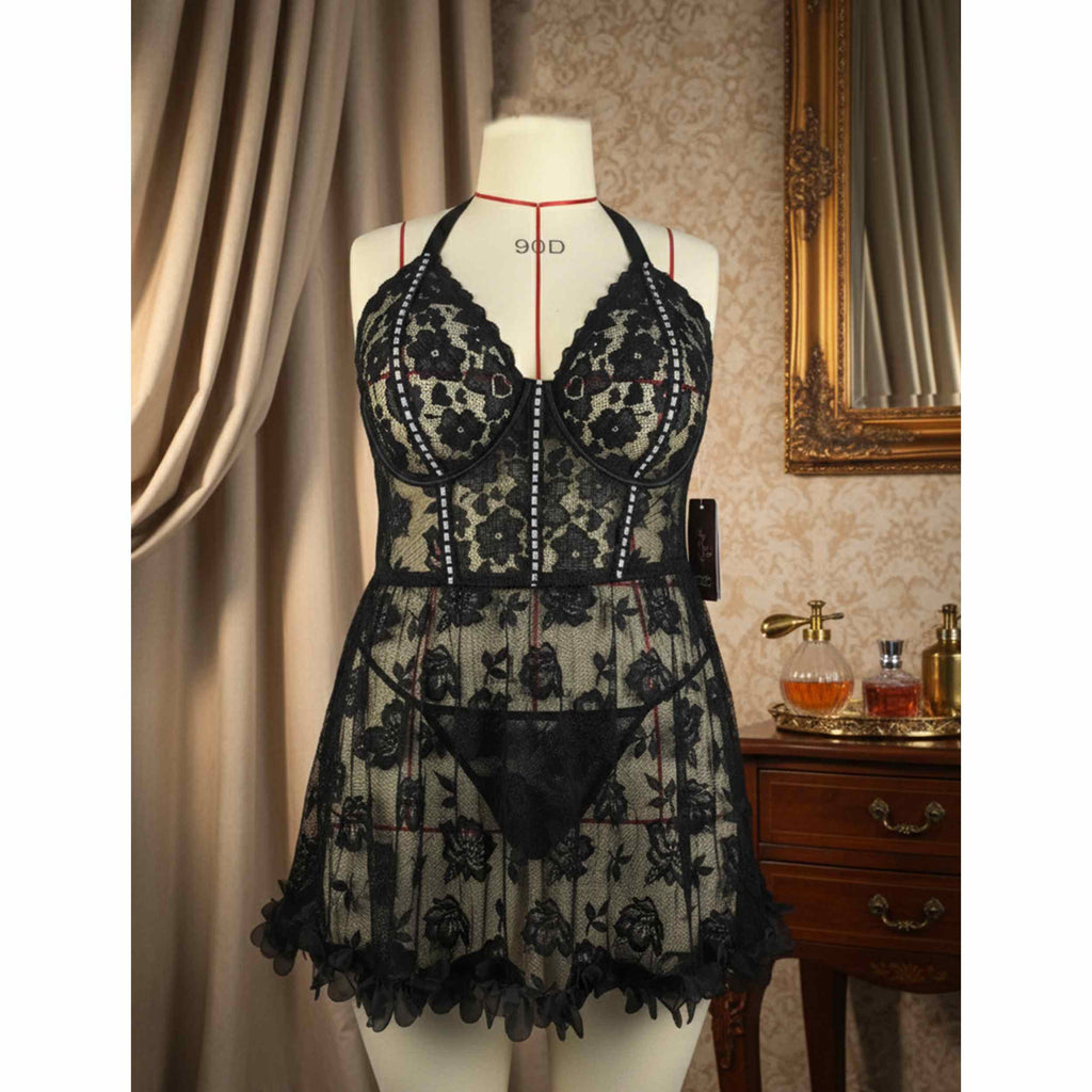 Plus Size Sheer Lace Chemise Lingerie Set with Side Slits