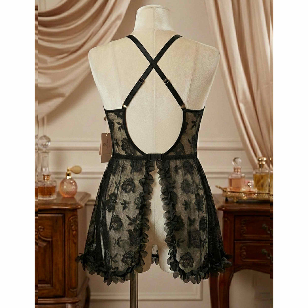 Plus Size Sheer Lace Chemise Lingerie Set with Side Slits