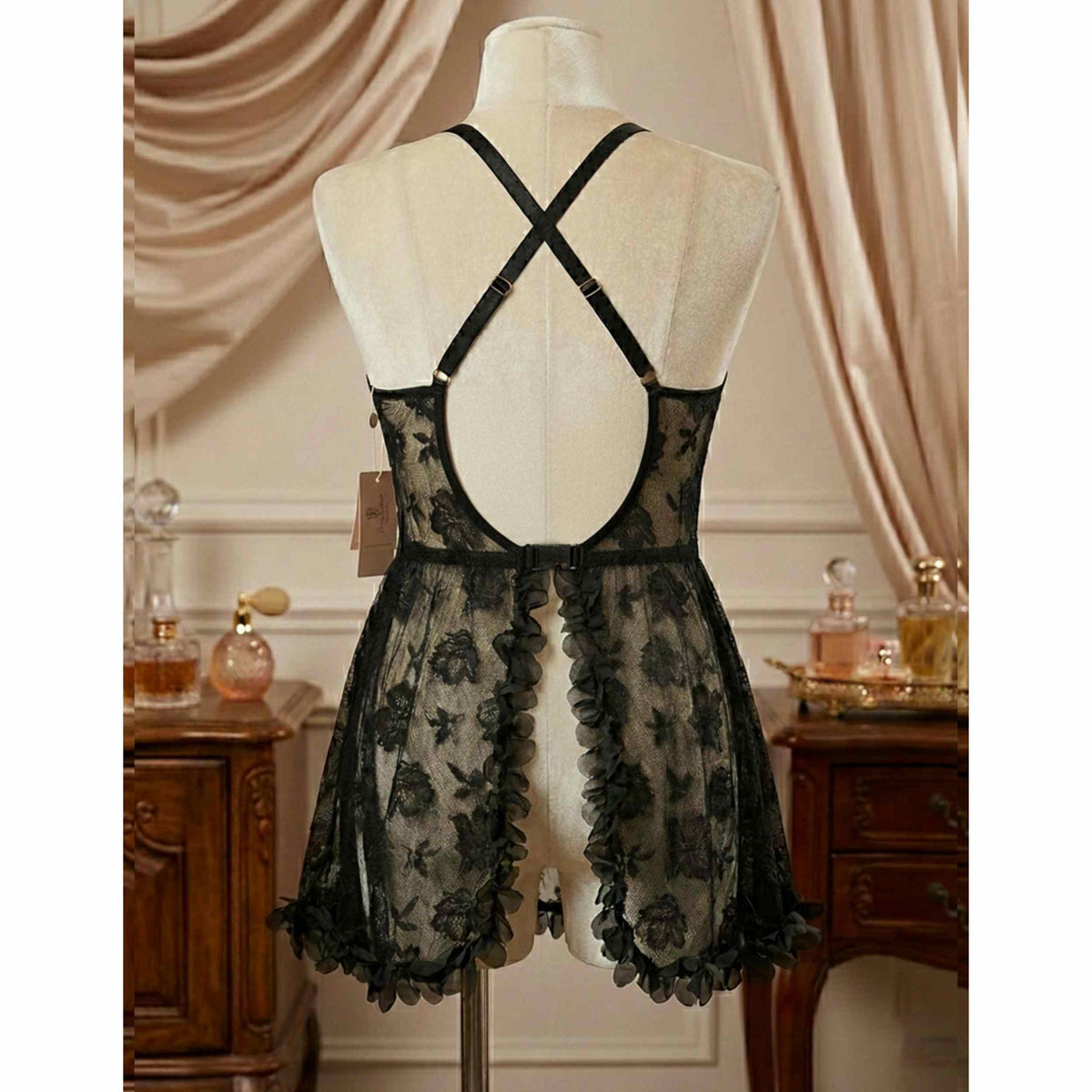 Plus Size Sheer Lace Chemise Lingerie Set with Side Slits