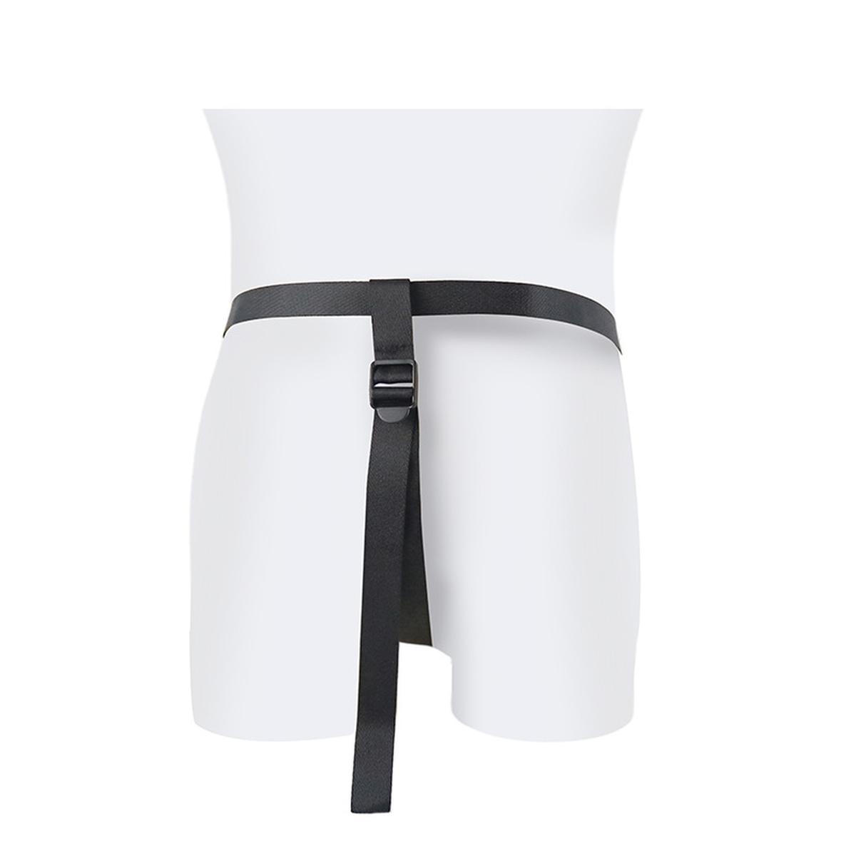 Rear view of adjustable pink strap-on harness only on white mannequin
