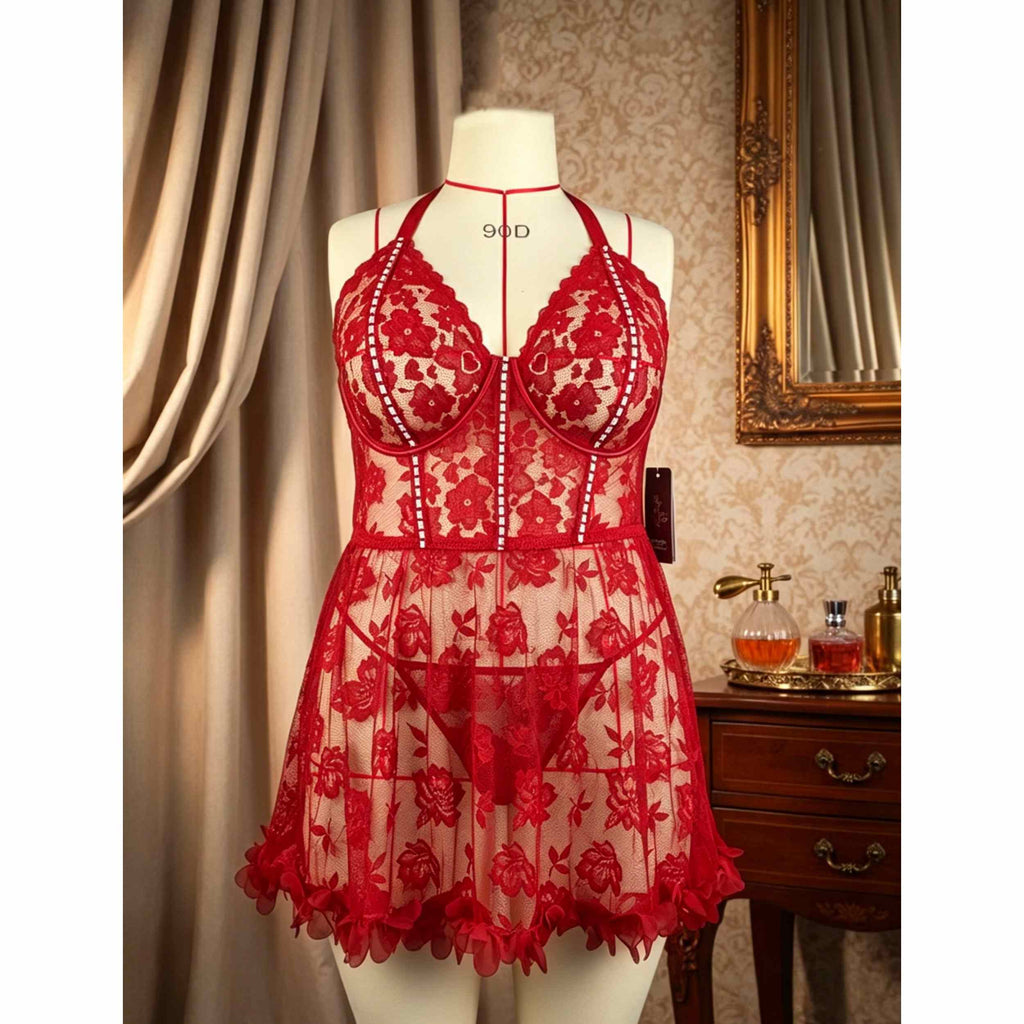 Plus Size Sheer Lace Chemise Lingerie Set with Side Slits