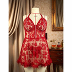 Plus Size Sheer Lace Chemise Lingerie Set with Side Slits