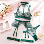 Women’s Embroidered 4-Piece Cutout Lingerie Set with Front-Clasp Bra